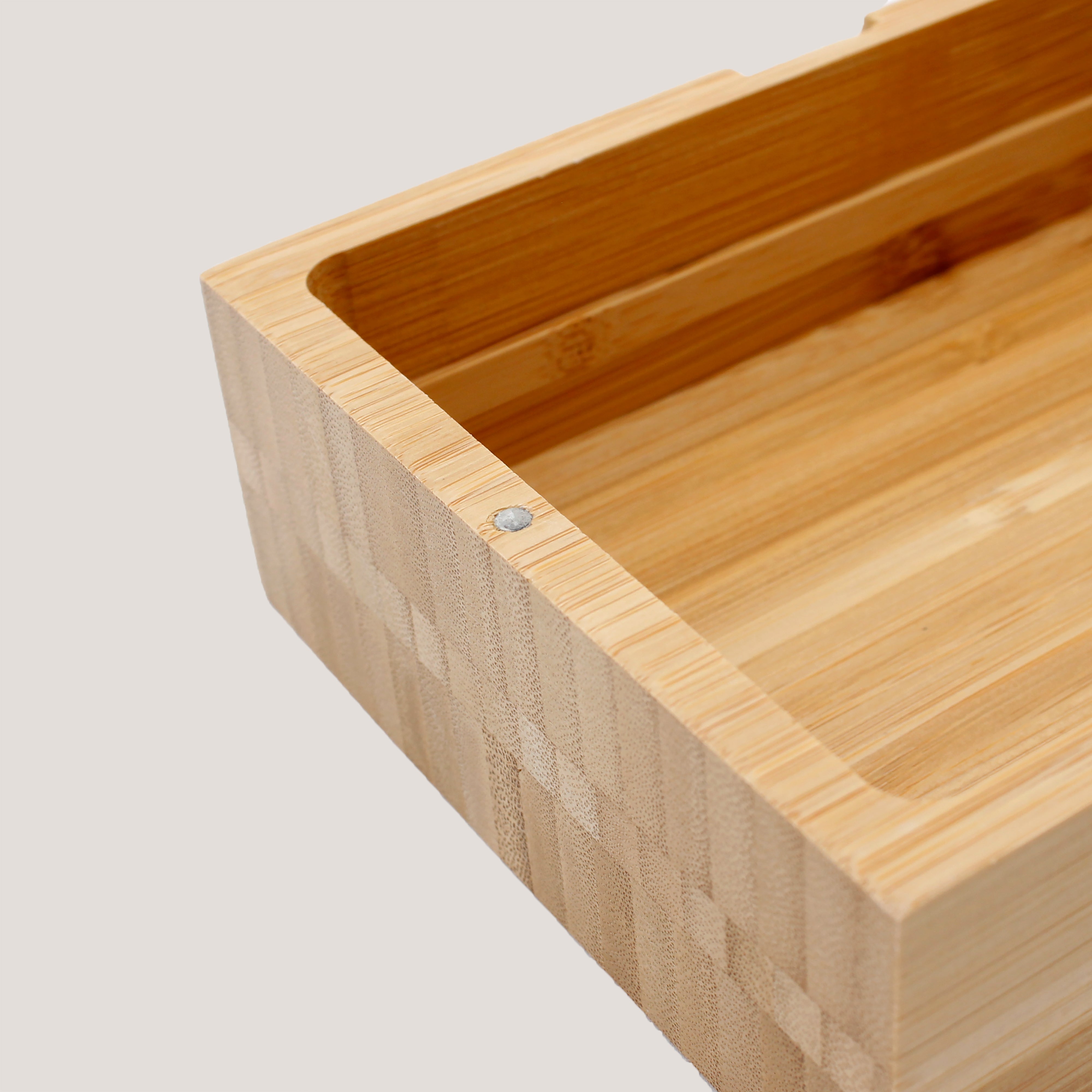 Close up of Peleman Bamboo Memory Box showing smooth wood grain durable construction and fine craftsmanship
