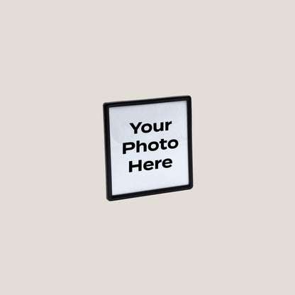 Customizable Black Frame Magnetic Photo Frame with acrylic front and placeholder text your photo here for displaying pictures on fridge locker or office surfaces