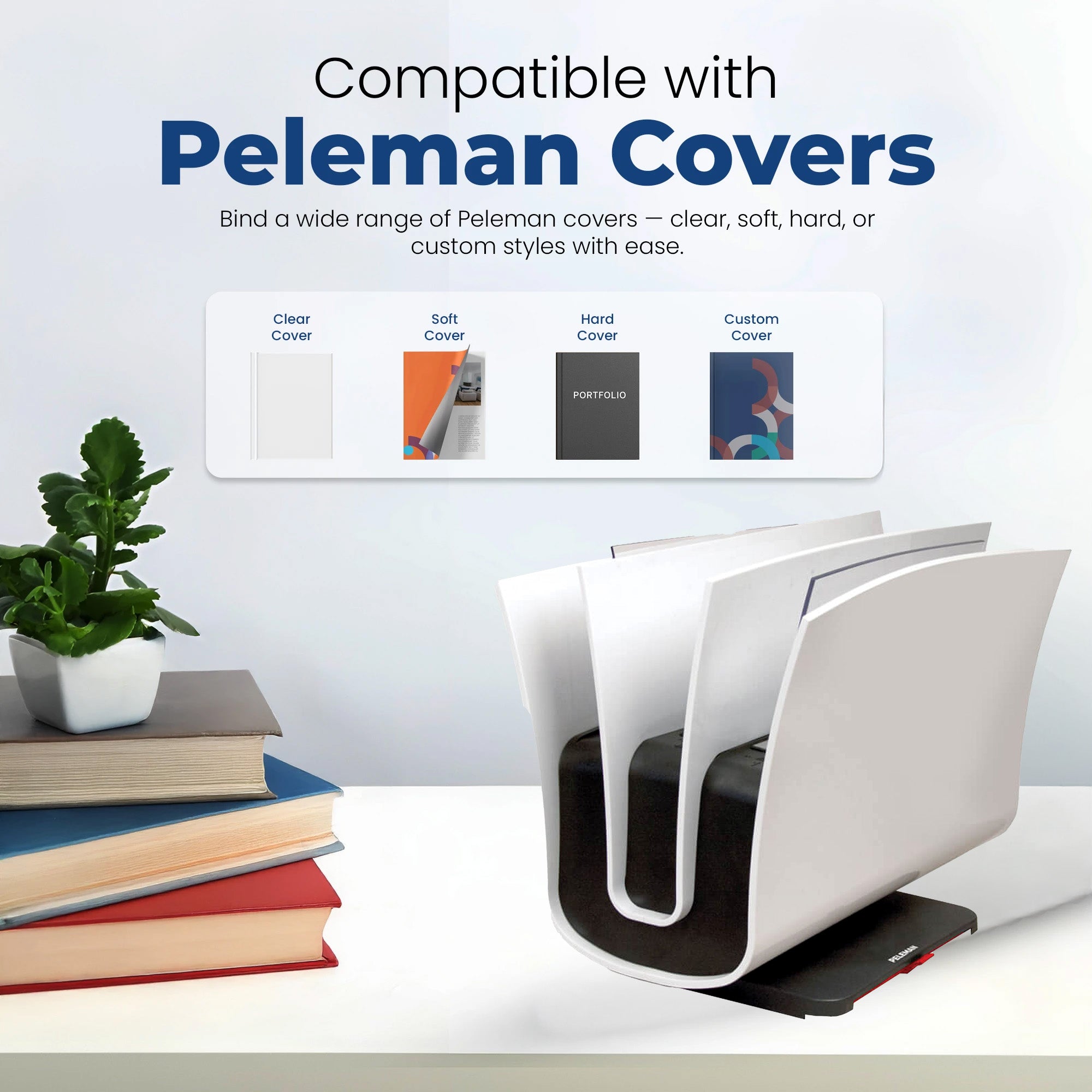 Thermal Binding Machine 8.2 by Peleman shown on desk compatible with clear covers soft covers hard covers and custom covers for professional document binding